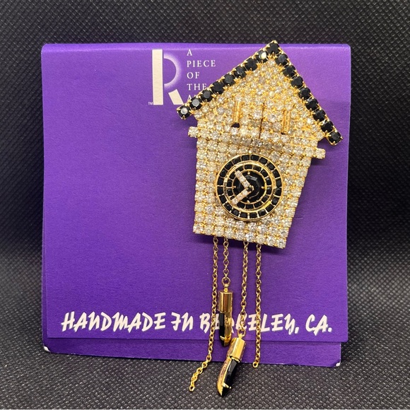 RARE DOROTHY BAUER GOLD BLACK CRYSTAL CUCKOO‎ CLOCK 4.25” BROOCH PIN NWT VINTAGE